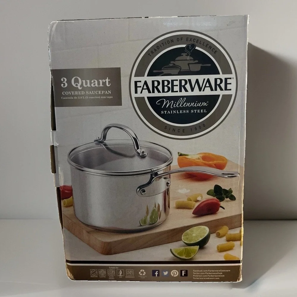 NIB Farberware Millennium 3 Quart Covered Stainless Steel Saucepan